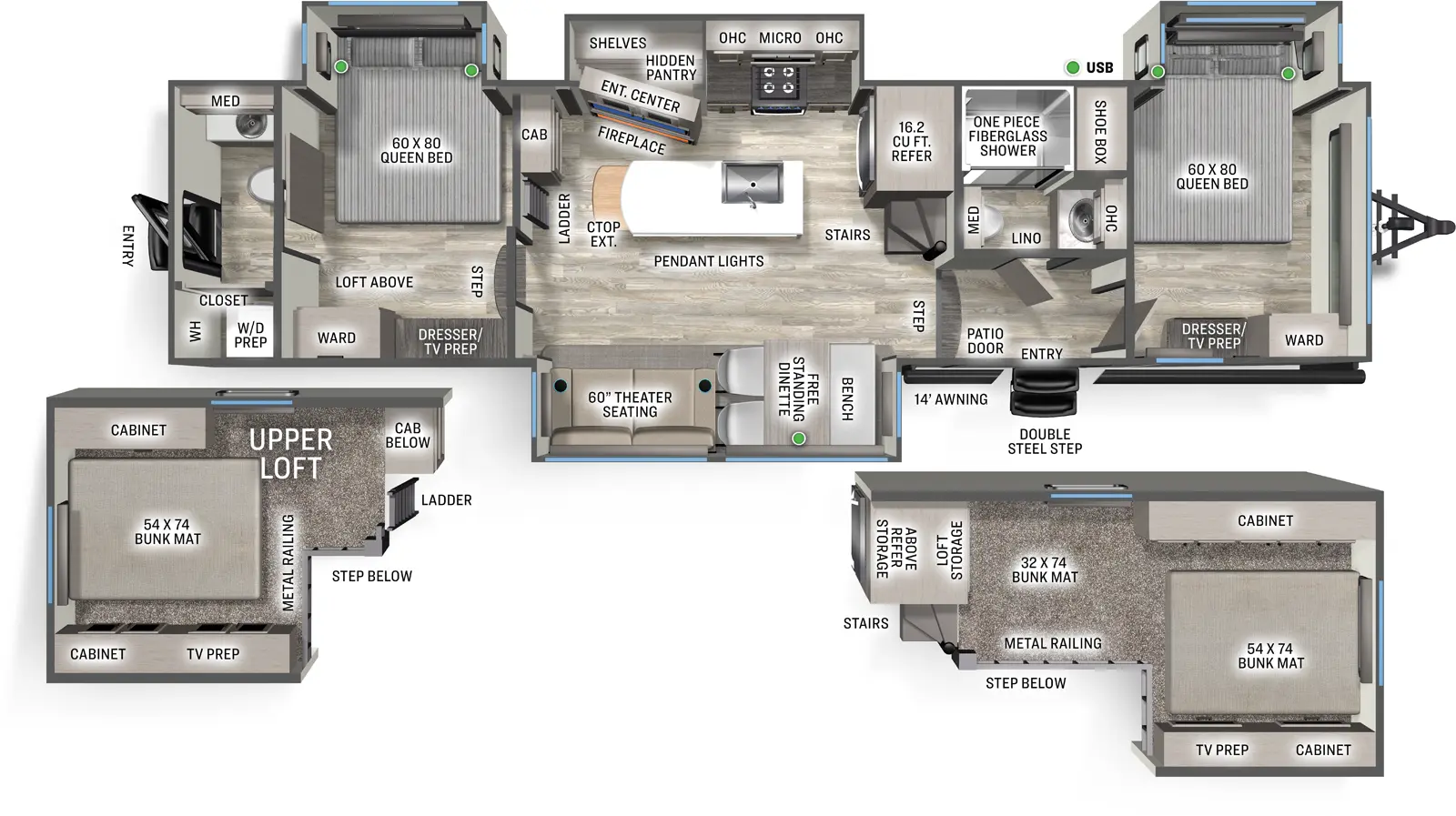 The Sandpiper Destination 41DUPLEX floorplan has two entries and four slide outs. Exterior features include: fiberglass exterior and 14' awning. Interiors features include: loft, kitchen island, free-standing dinette option, front bedroom, two bedrooms, rear bathroom and two full bathrooms.